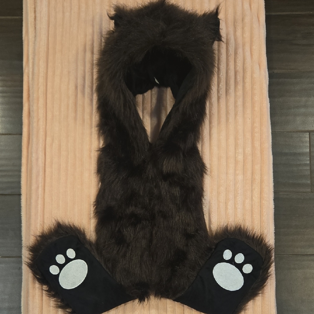 Brown Faux Fur Hooded Scarf With Paw Mittens NWOT